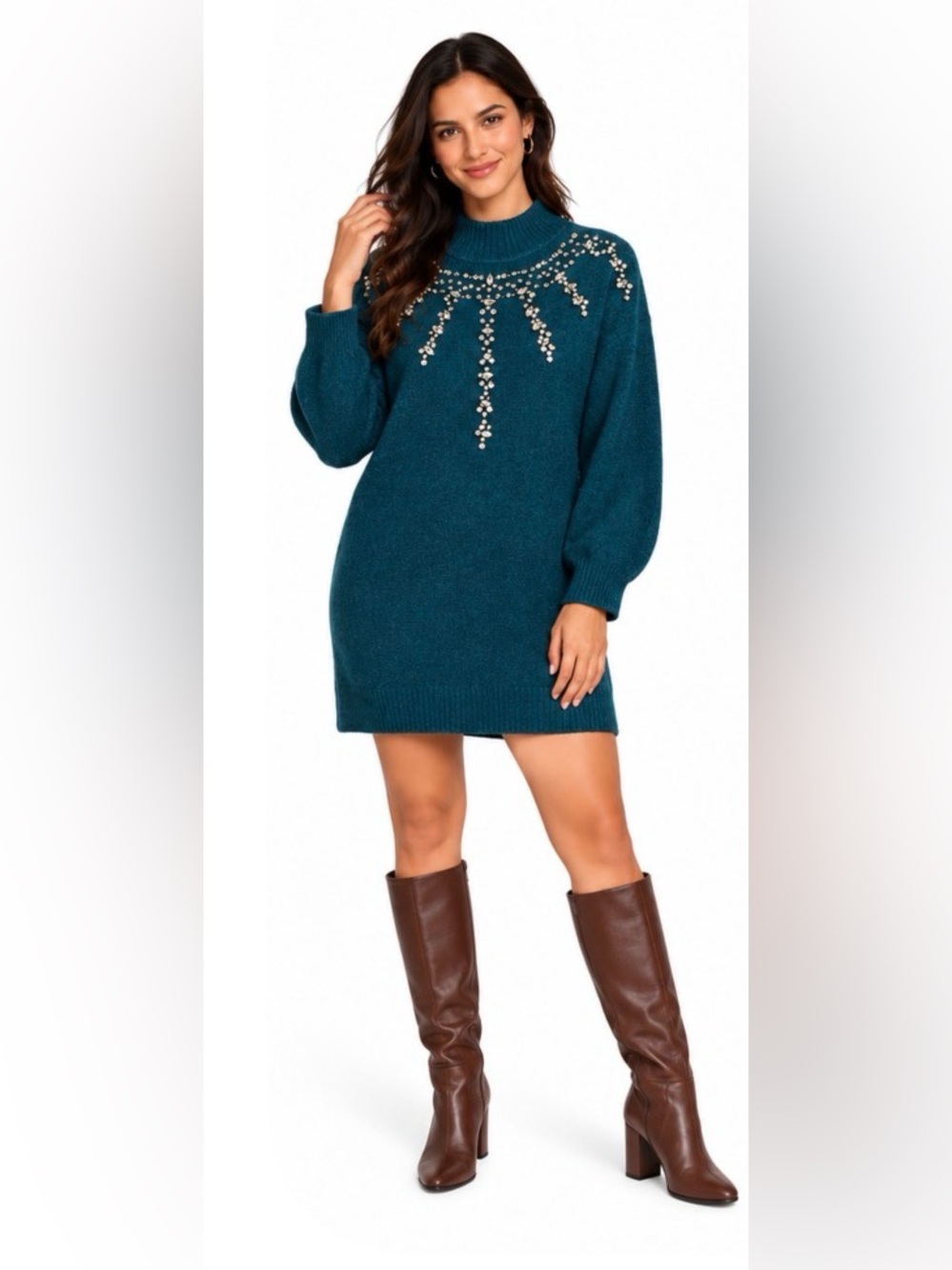 Anthropologie embellished mock neck sweater dress L winter crystal glam holiday
